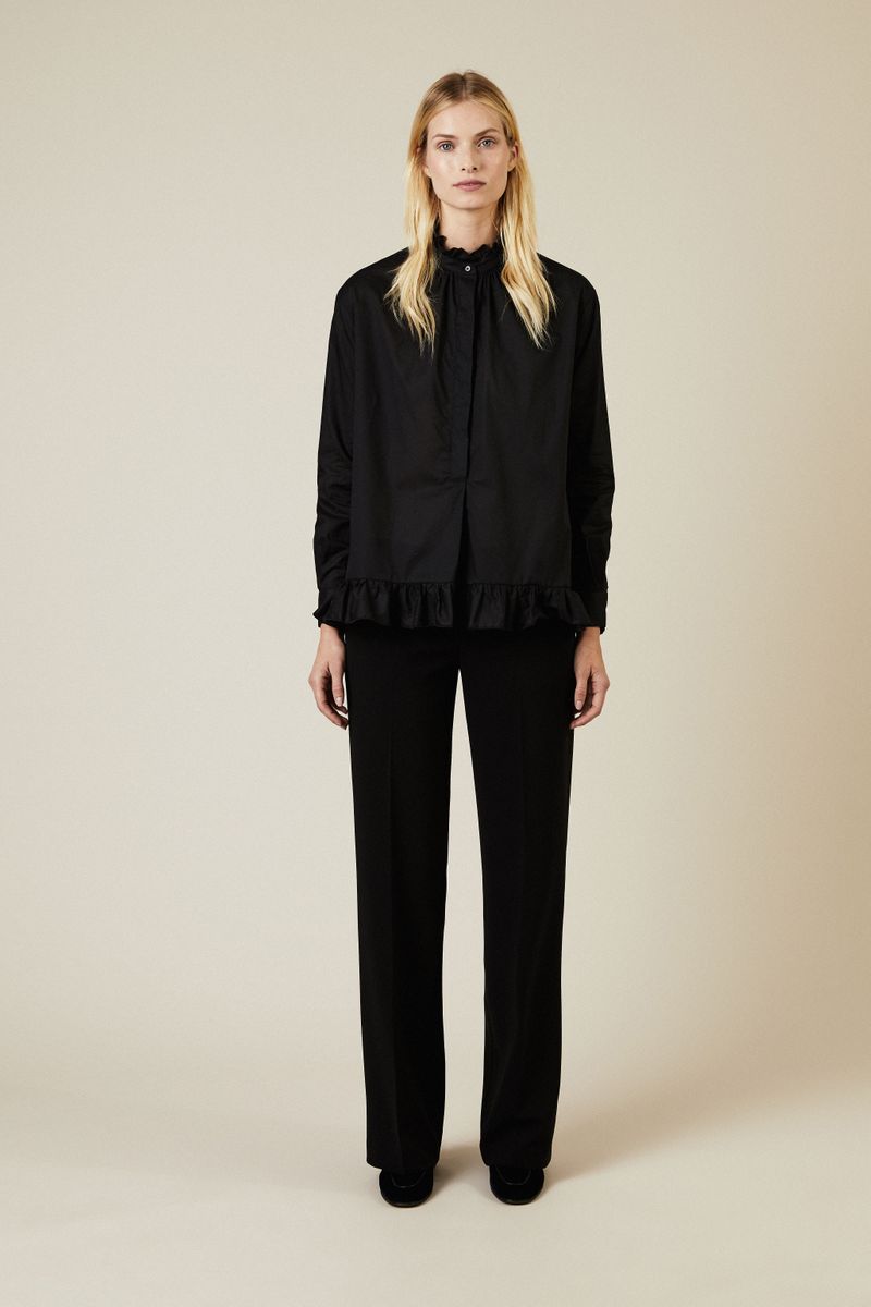 Baumwoll-Bluse mit Rüschendetails Schwarz