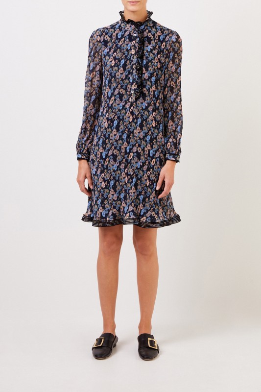 Tory Burch Plissee-Kleid mit floralem Print Blau/Multi