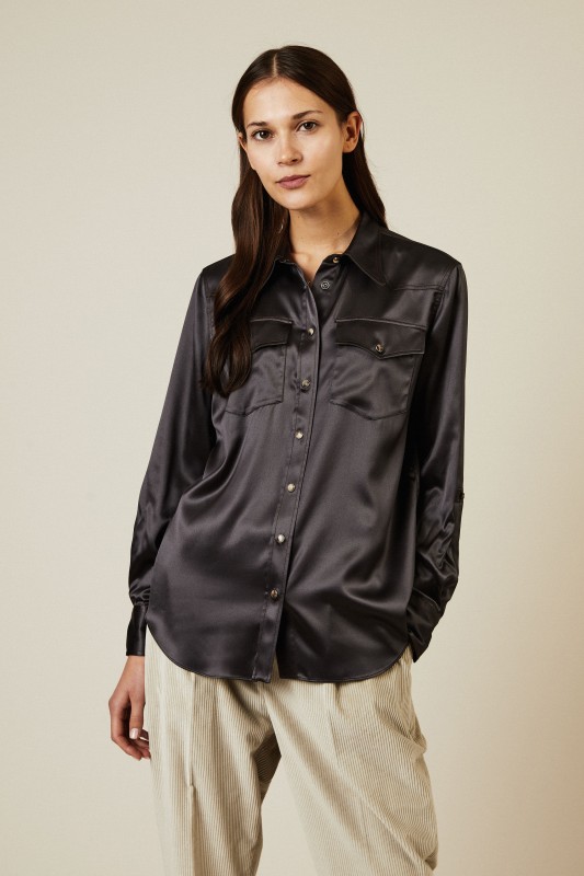 Seidenbluse mit Steppnähten Anthrazit