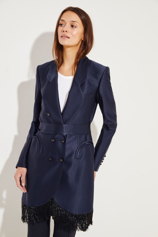 Langer Seiden-Blazer 'Let's Fly Sunshine' Marineblau