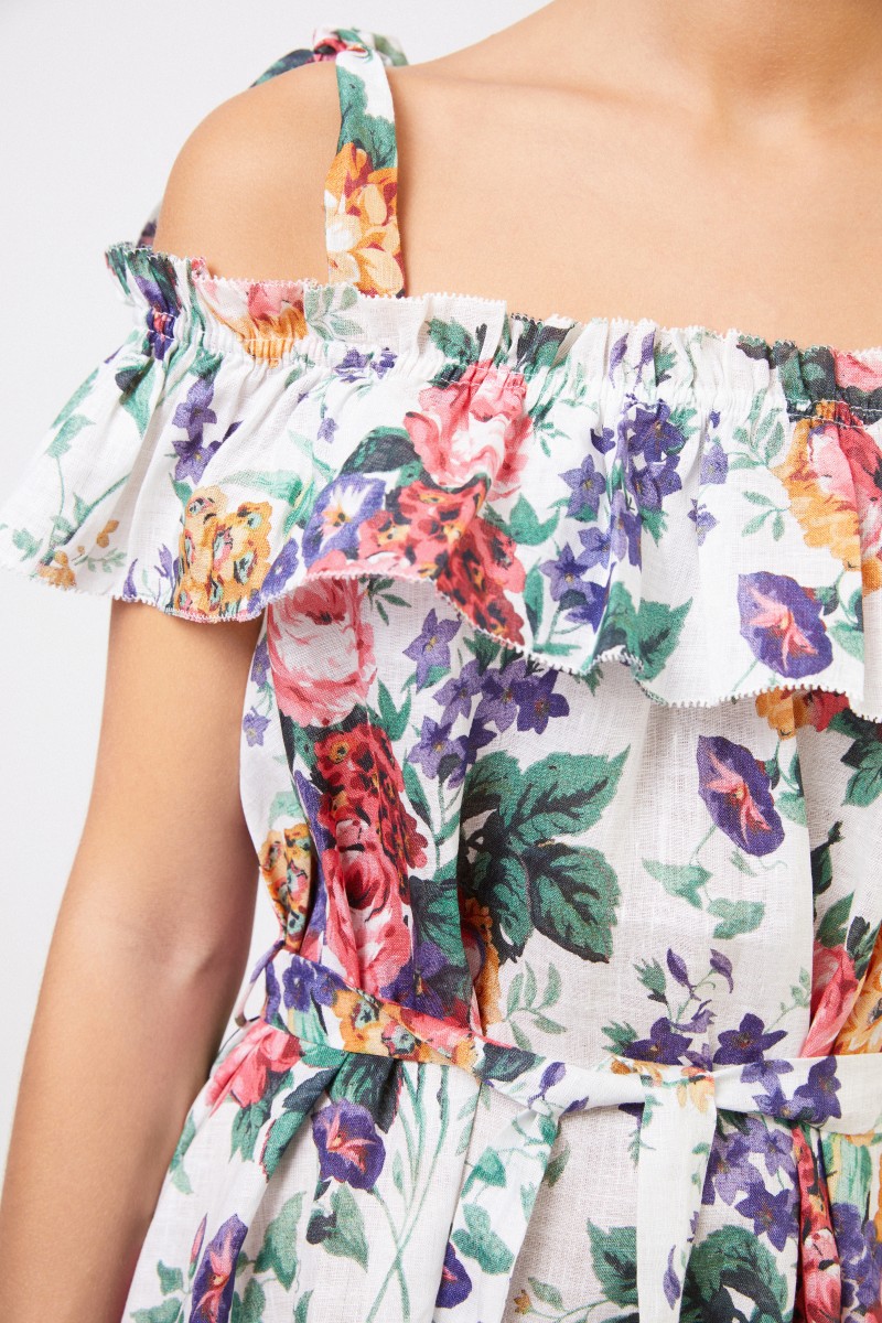 Zimmermann Leinen-Kleid mit floralem Print Weiß/Multi