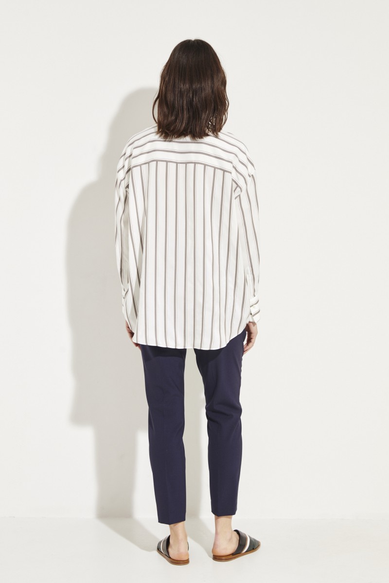 Gestreifte Seidenbluse mit Kordelzug Weiß/Beige