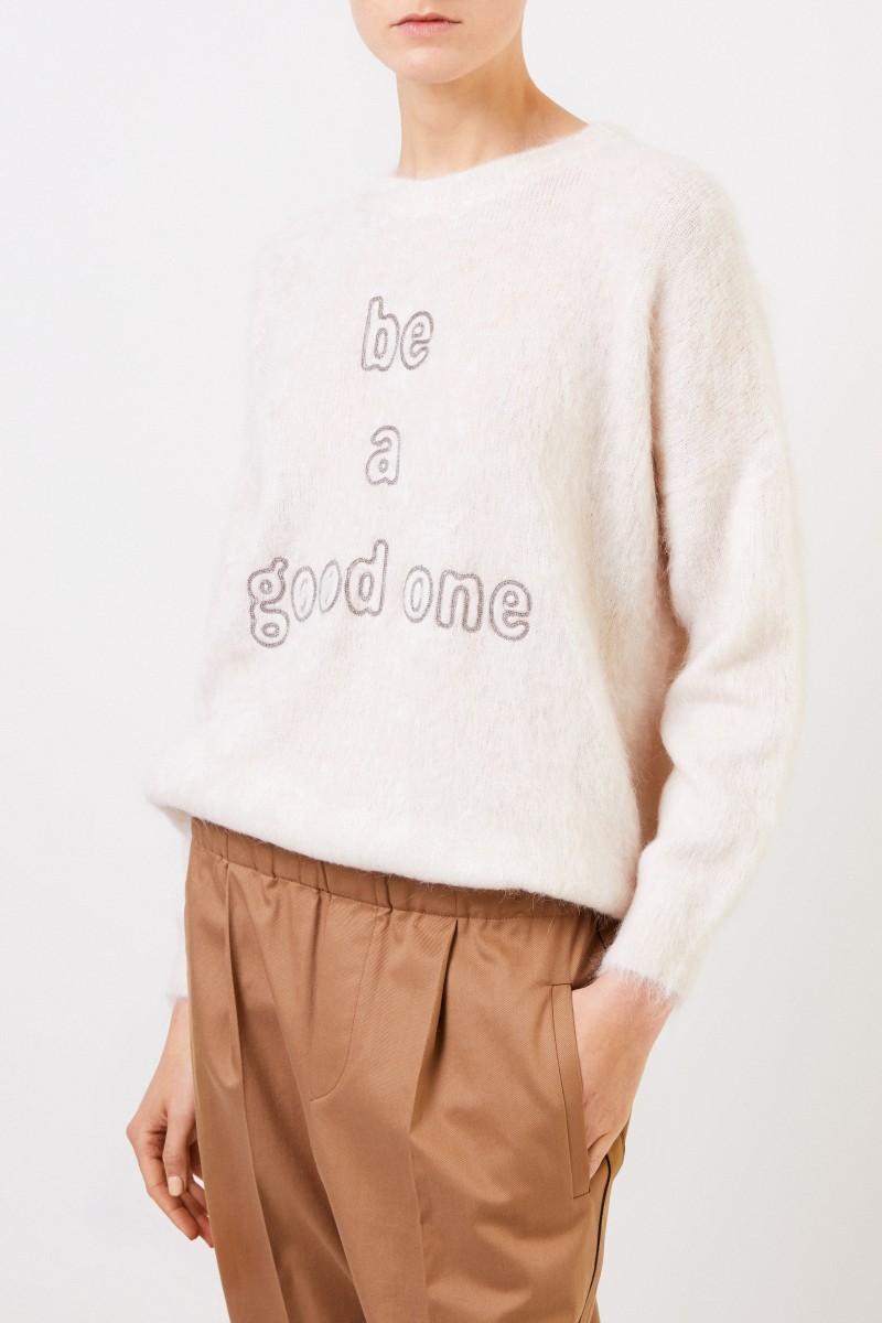 Brunello Cucinelli Woll-Pullover mit Schriftzug Crème