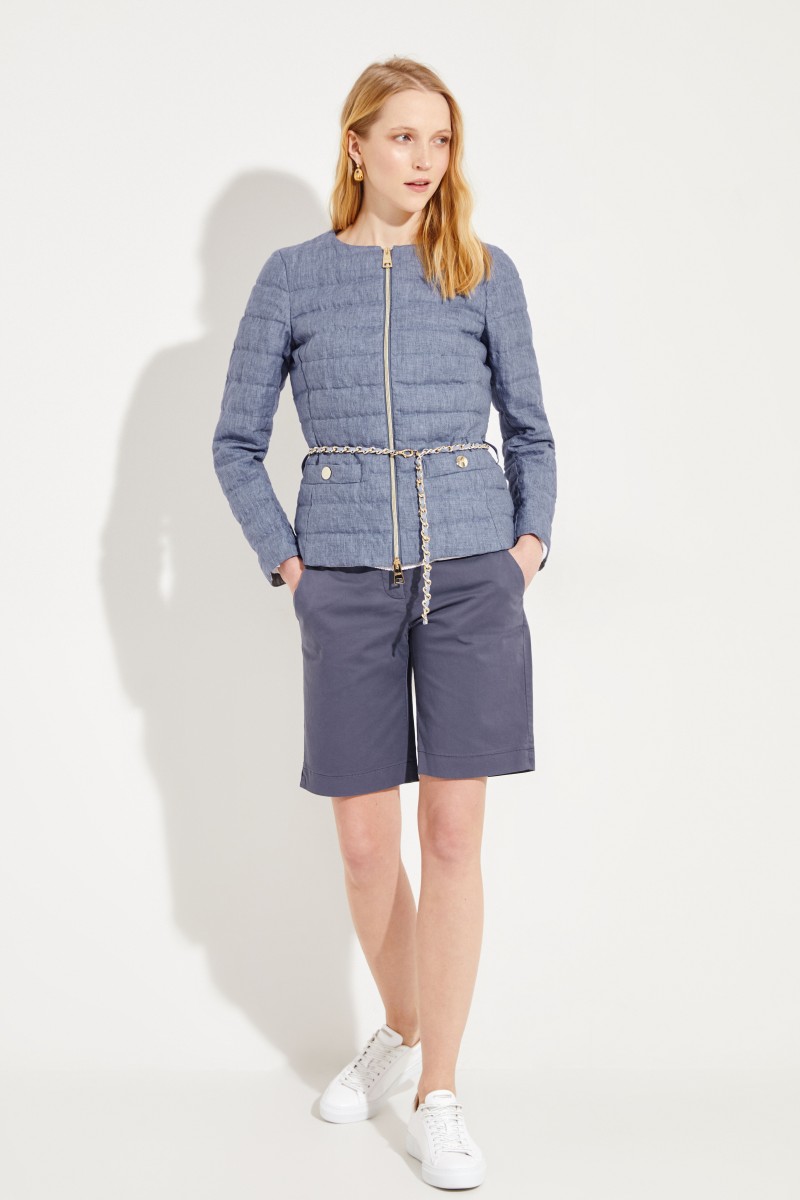 Leinen-Daunenjacke mit Gürteldetail Blau
