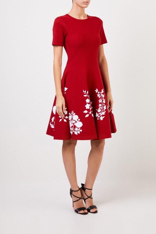 Oscar de la Renta Strickkleid mit floralem Print Rot/Weiß