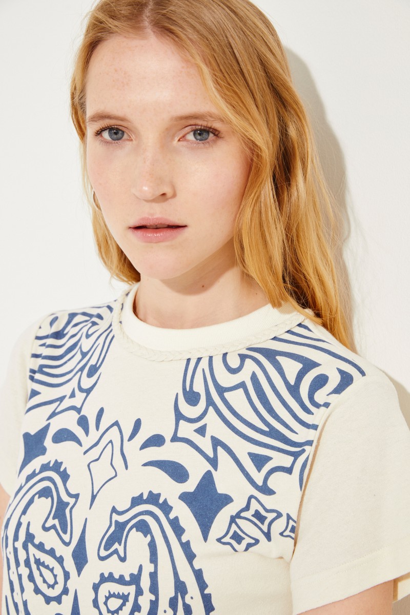 Baumwoll-Seiden-Shirt mit Print Créme/Blau