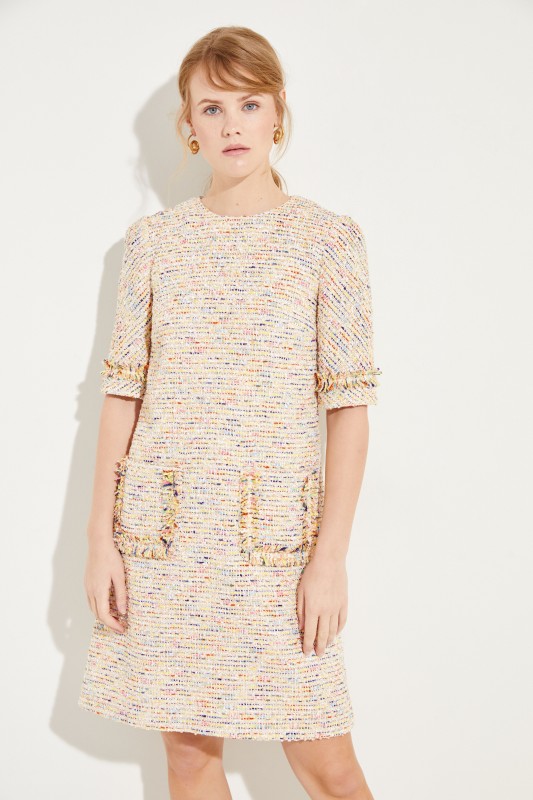 Tweed-Kleid mit Taschen Gelb/Multi