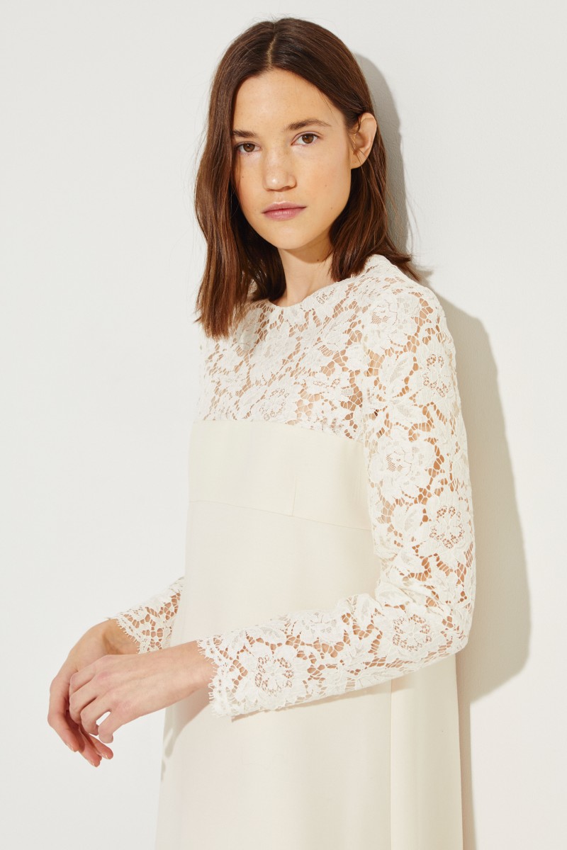 Woll-Seiden-Kleid mit Spitzendetails Créme