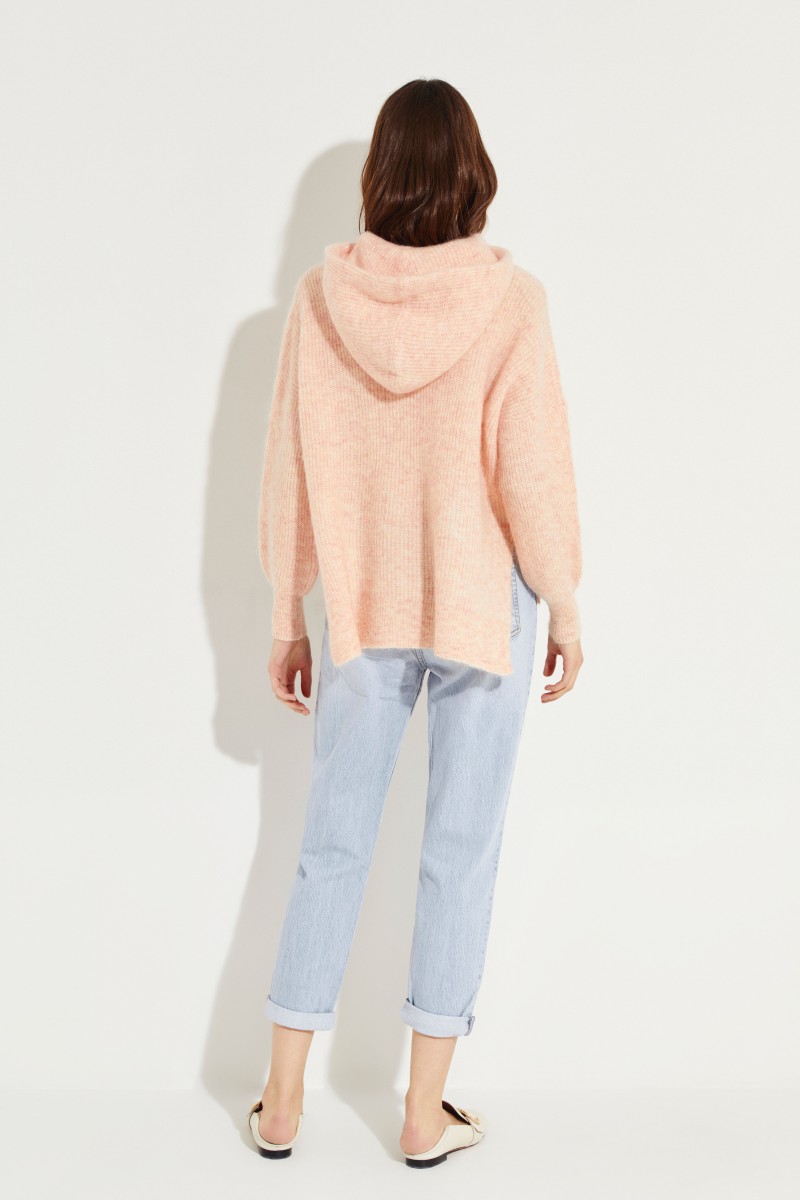 Mohair-Woll-Pullover mit Kapuze Rosé