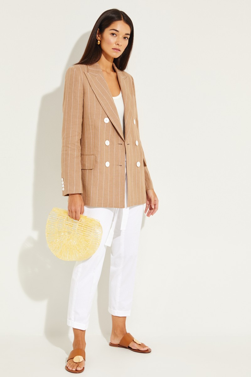 Gestreifter Leinen-Blazer Beige/Weiß