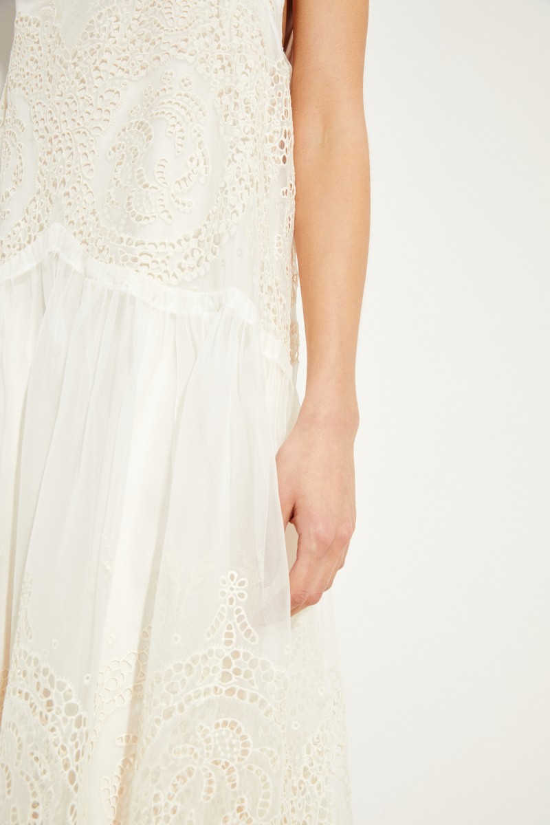 Seiden-Kleid mit Lochstickerei Crème