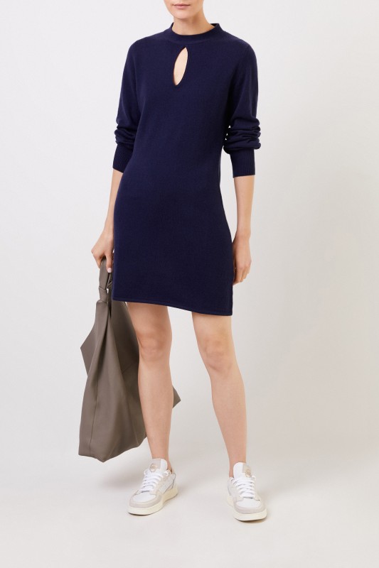 Woll-Cashmere Strickkleid mit Schlitz-Detail Marineblau