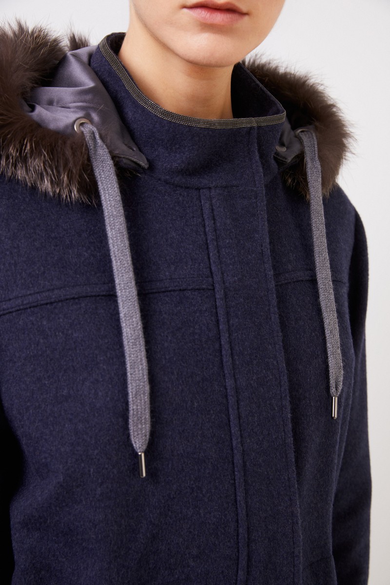 Brunello Cucinelli Woll-Cashmere-Parka mit Pelzkragen Marineblau