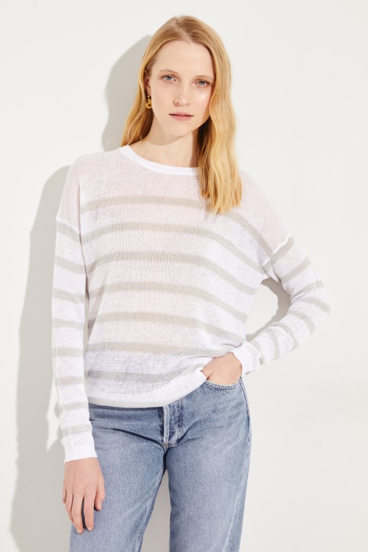 Gestreifter Leinen-Pullover 'Samantha' Weiß/Grau