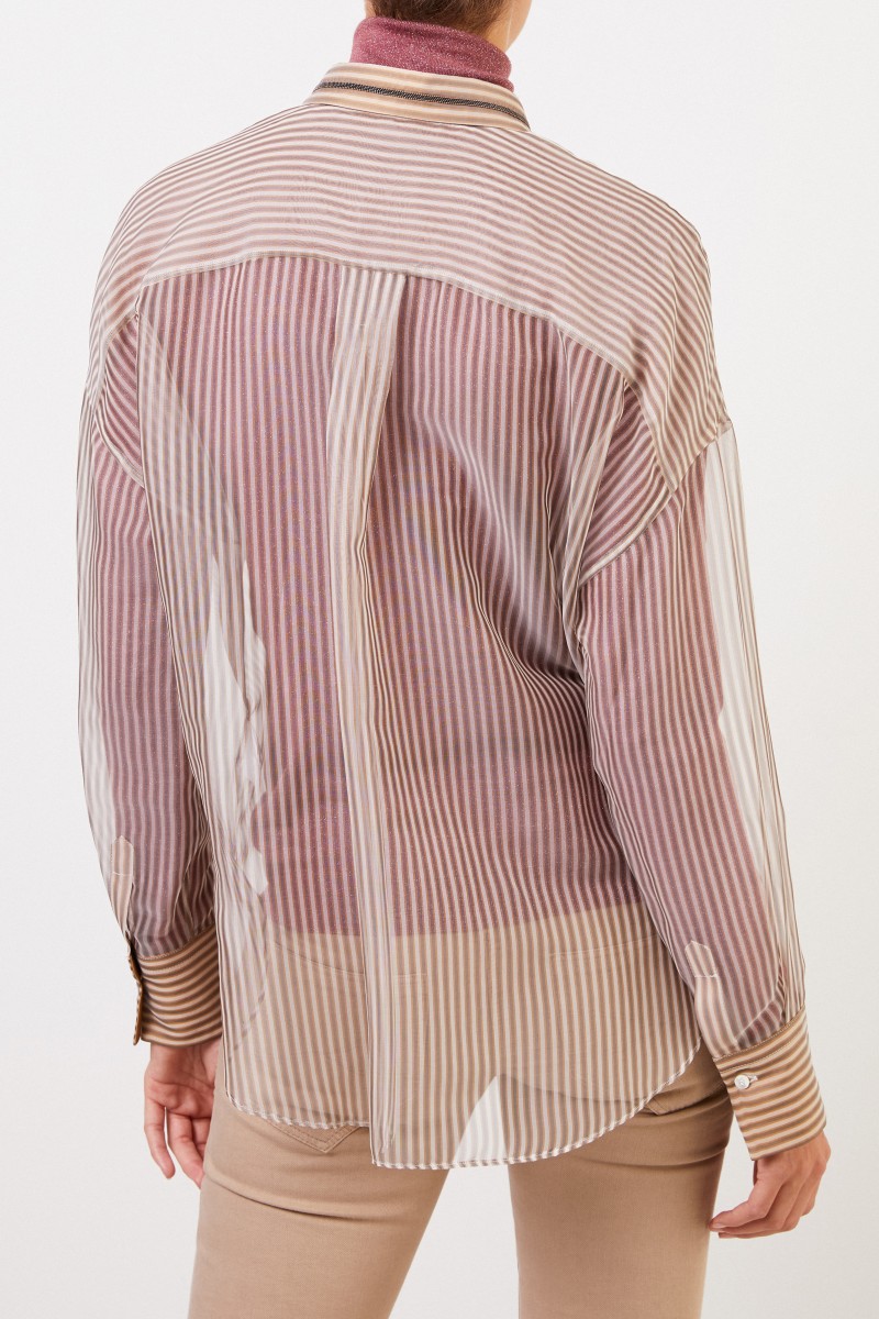Brunello Cucinelli Gestreifte Seidenbluse mit Perlenverzierung Beige/Grau