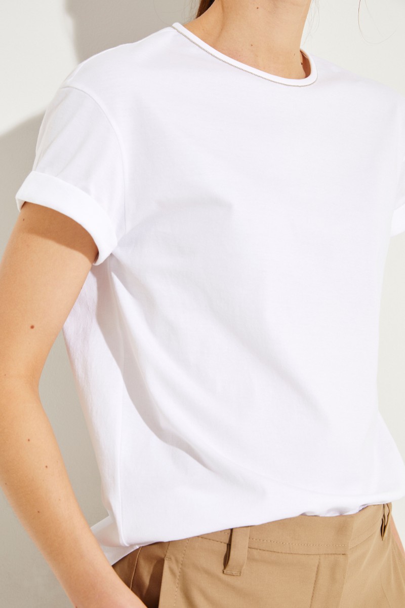 Baumwoll-Shirt mit Perlenverzierung Weiß