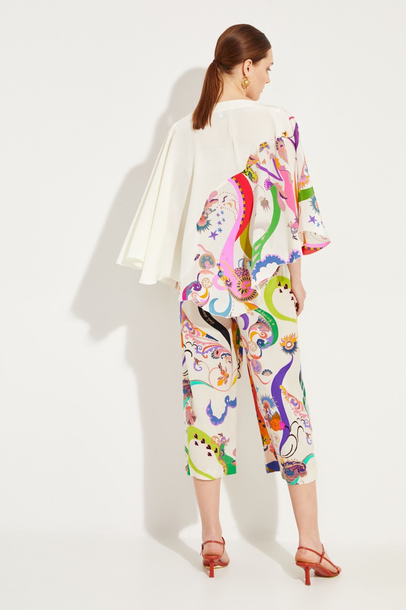 Seiden-Poncho mit Print Crème/Multi