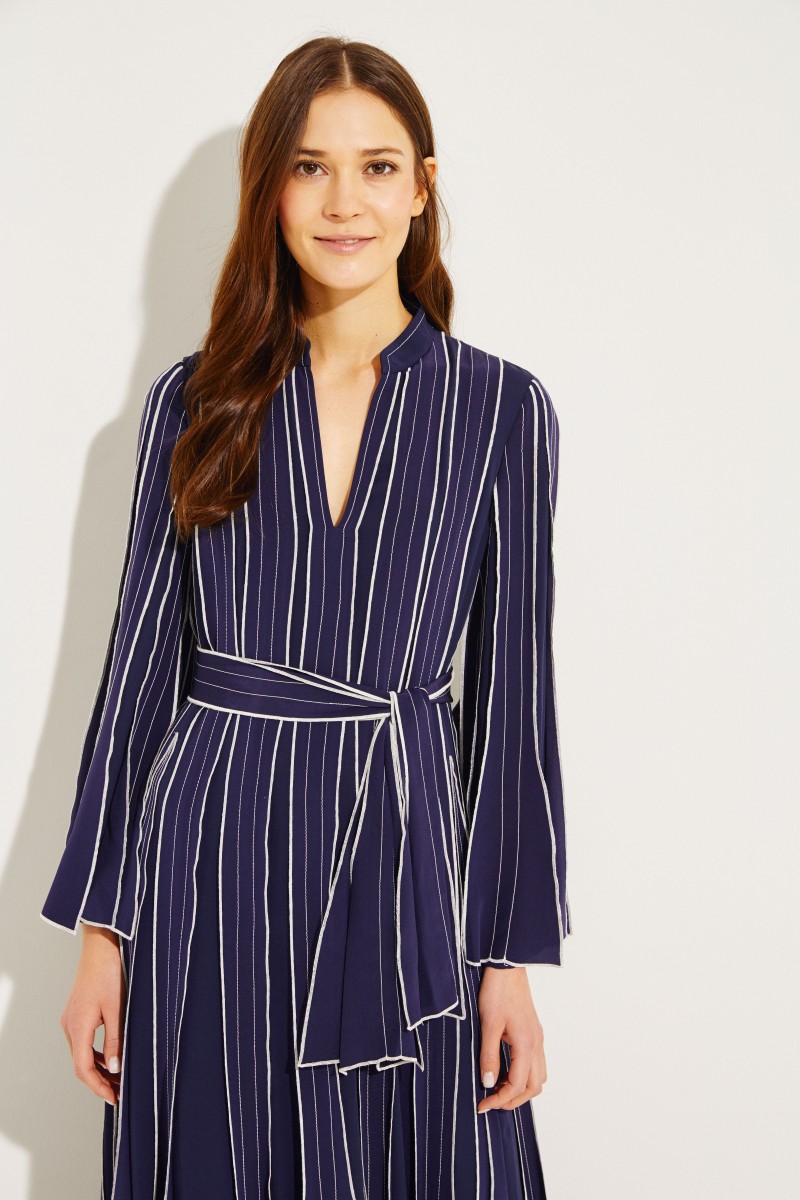 Maxi-Seidenkleid Marineblau/Weiß