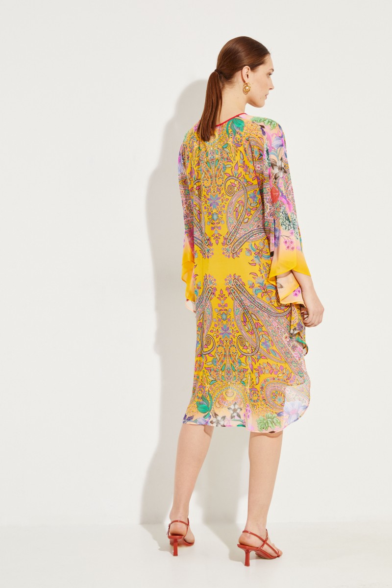 Seiden-Kaftan mit Print Gelb/Multi