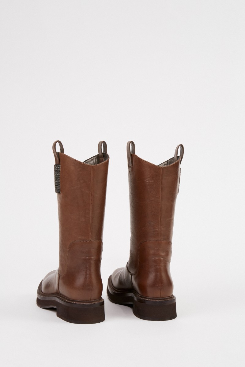 Leder-Stiefel mit Perlenverzierung Braun