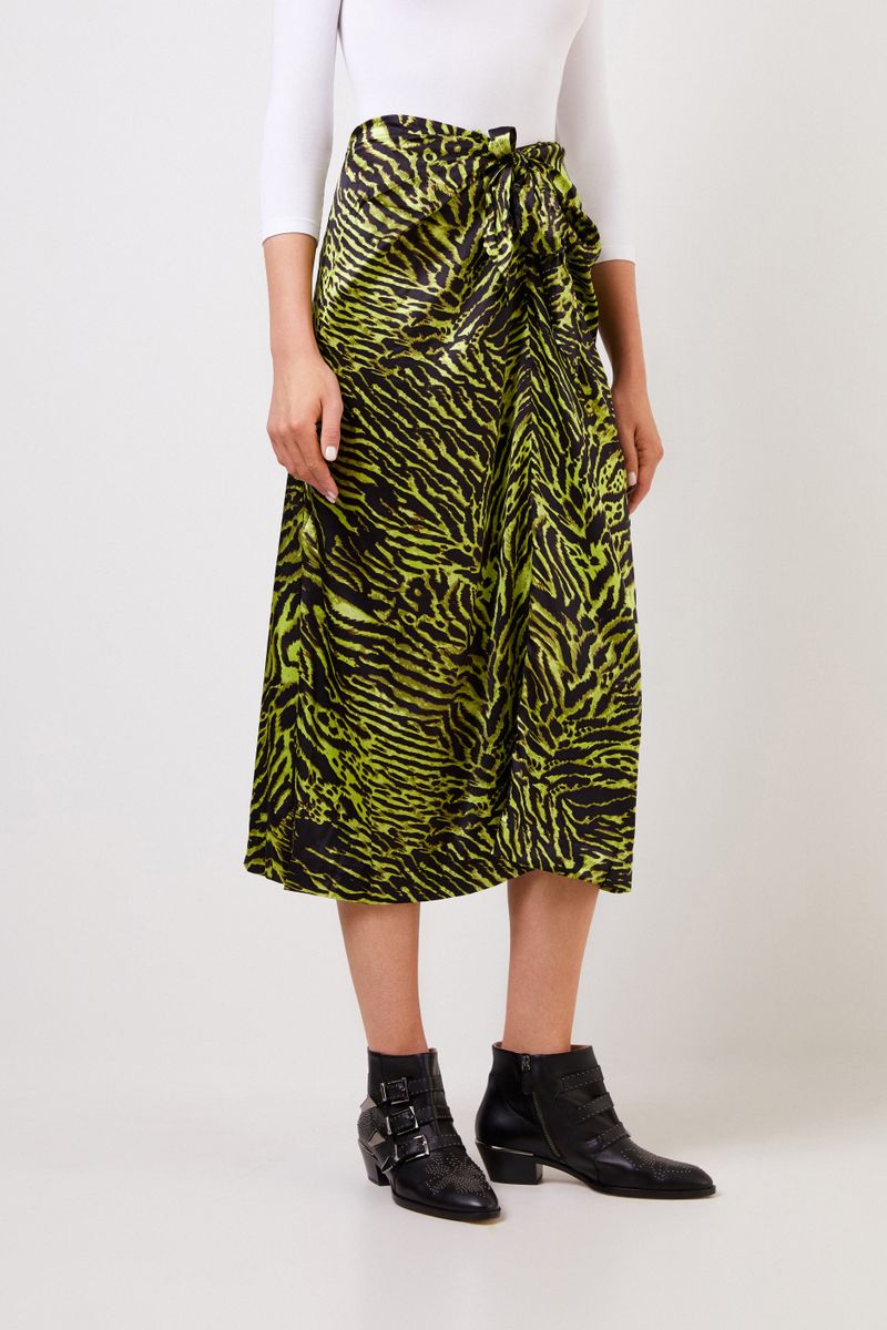 Midi-Seidenrock mit Tiger-Print Grün/Schwarz