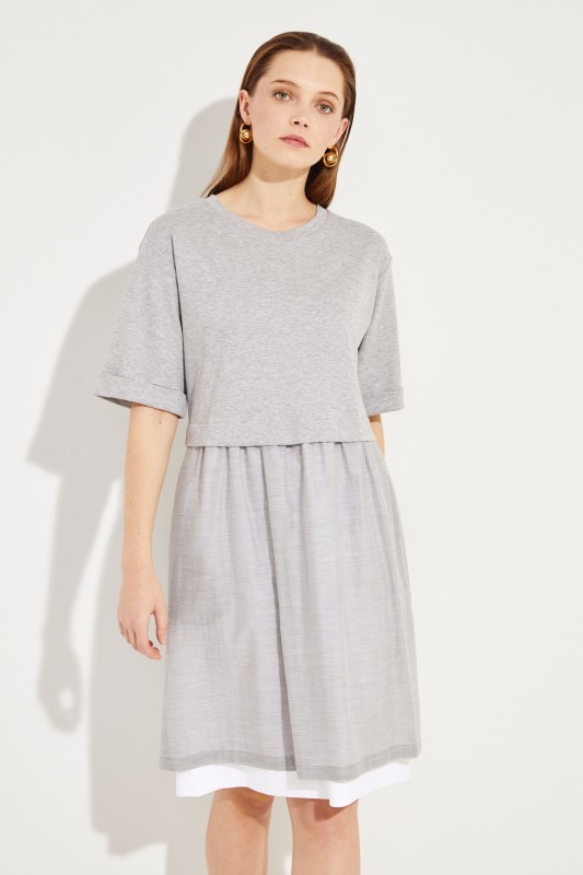 Zweilagiges Baumwoll-Kleid Grau/Weiß