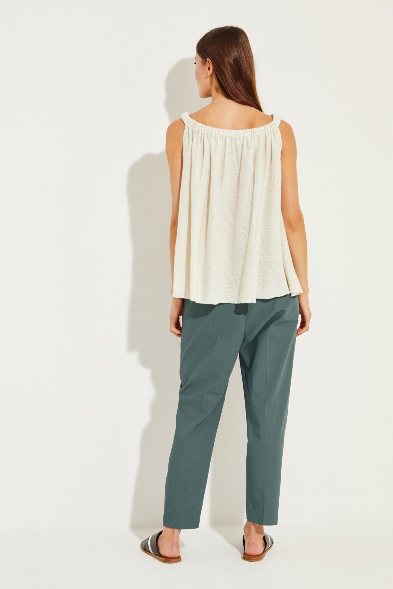 Leinen-Seiden-Top mit Pailletten Beige