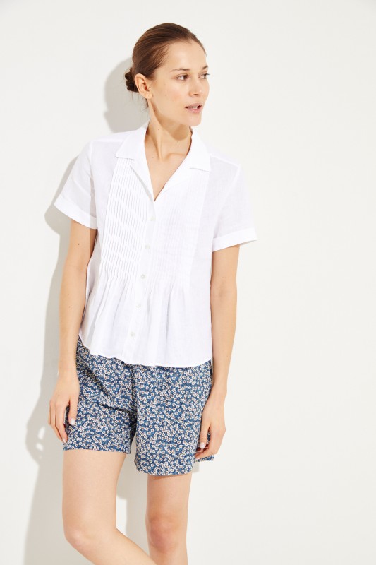Leinen-Bluse mit Plissee-Details Weiß