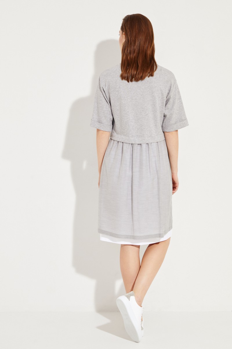 Zweilagiges Baumwoll-Kleid Grau/Weiß