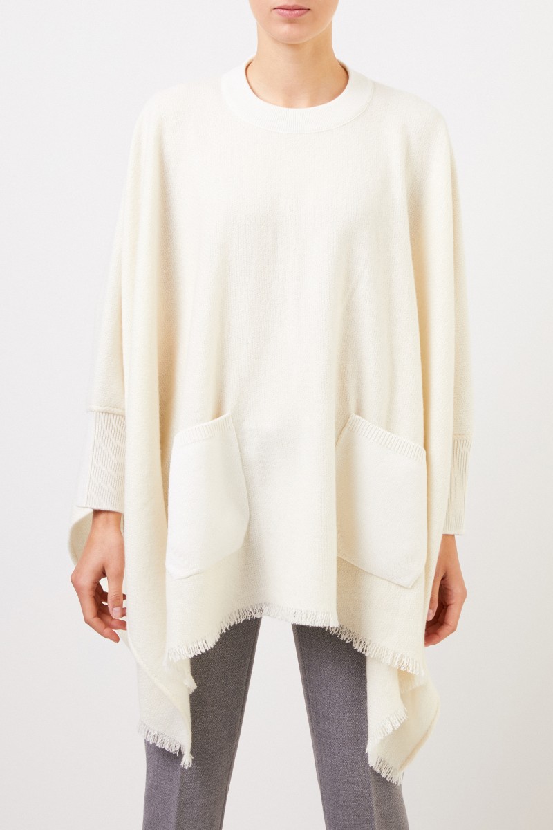 Cashmere-Poncho mit Fransen Crème