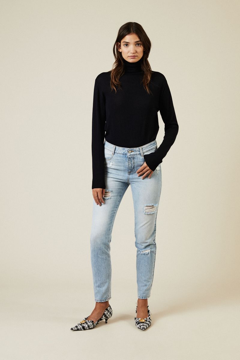 Destroyed High-Waist-Jeans Blau