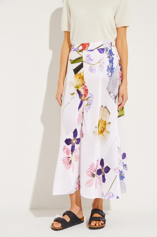Seiden-Rock mit floralem Print Weiß/Multi