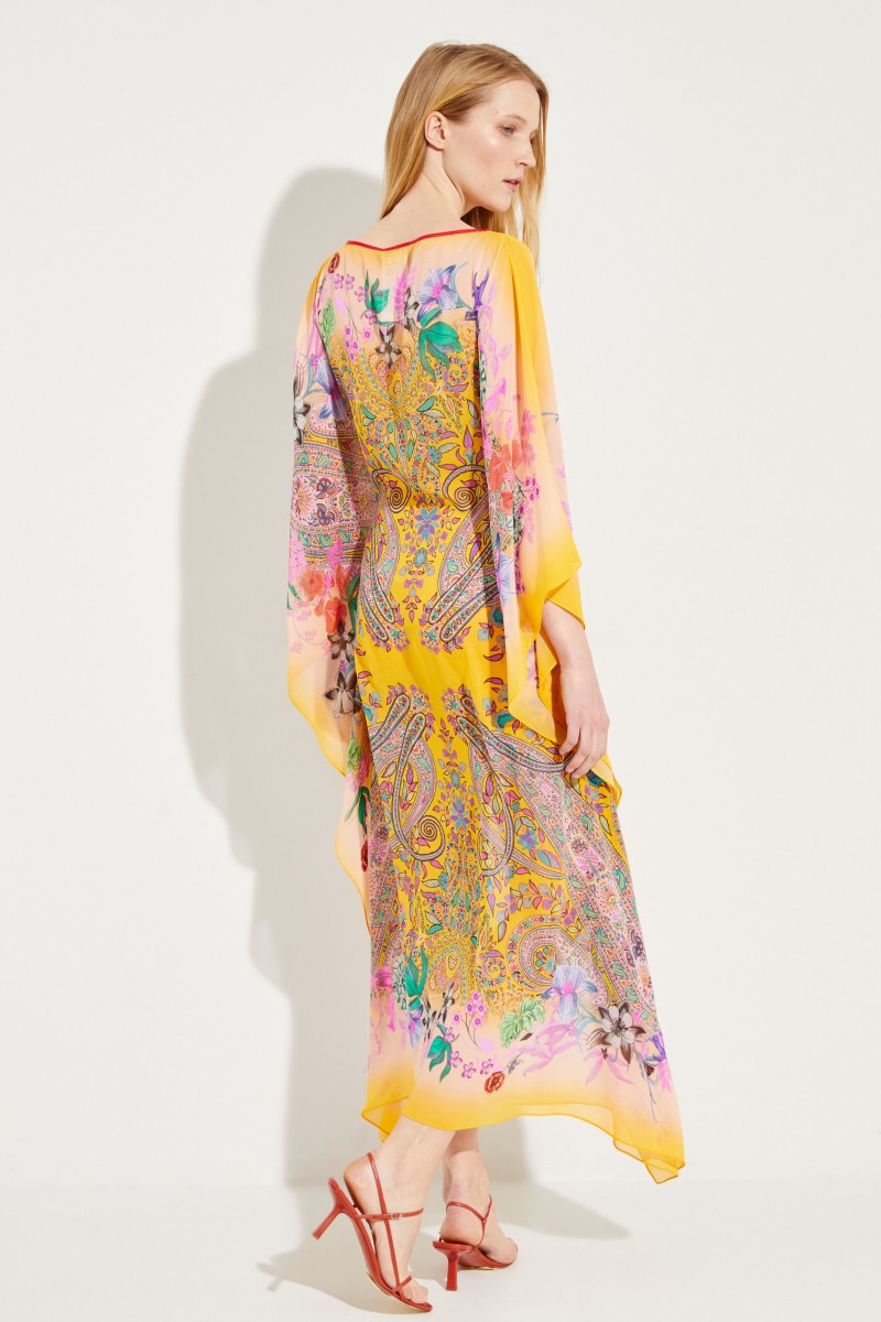 Seiden-Kaftan mit floralem Print Gelb/Multi