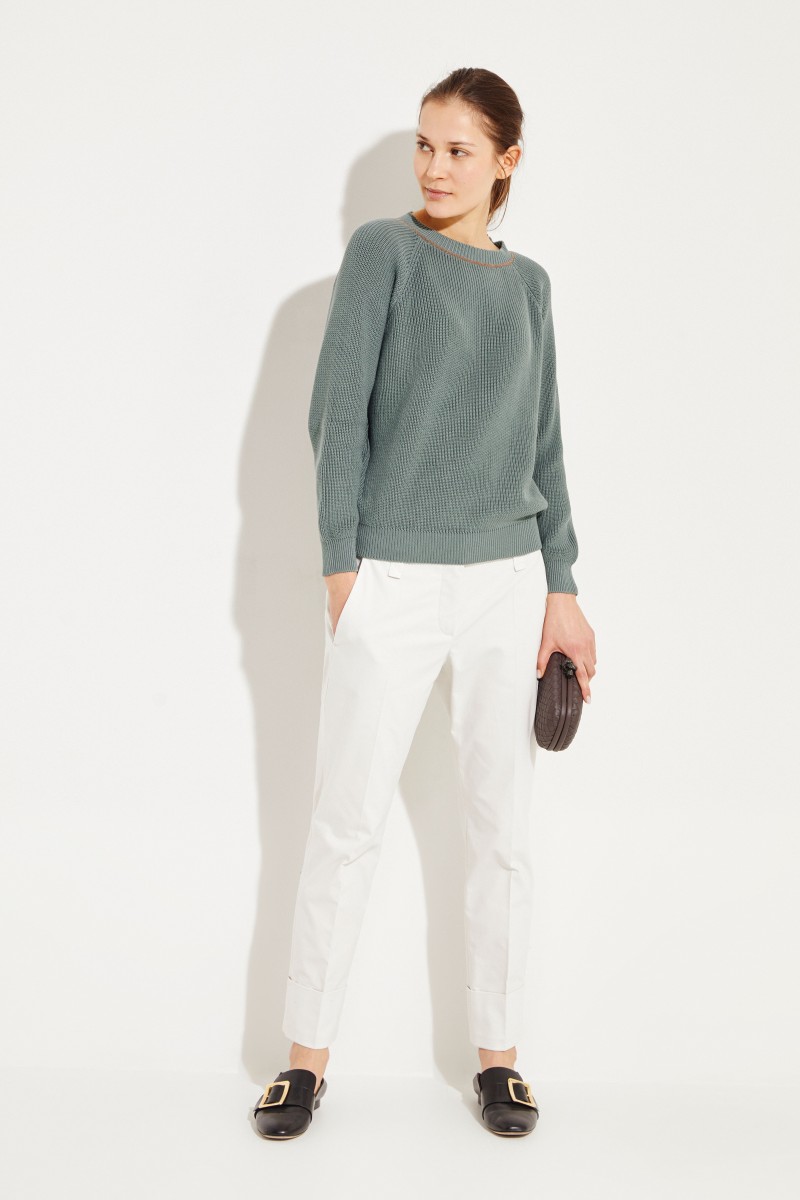 Baumwoll-Pullover mit Perlenverzierung Salbei