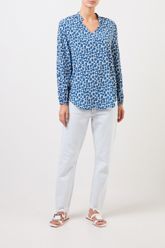 Steffen Schraut Seidenbluse mit Mustermix Blau/Weiß