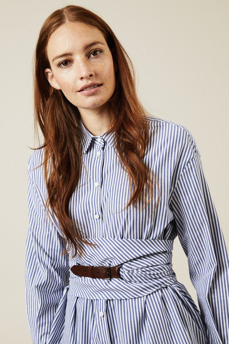 Gestreifte Baumwoll-Bluse mit Gürtel Navy/Weiß