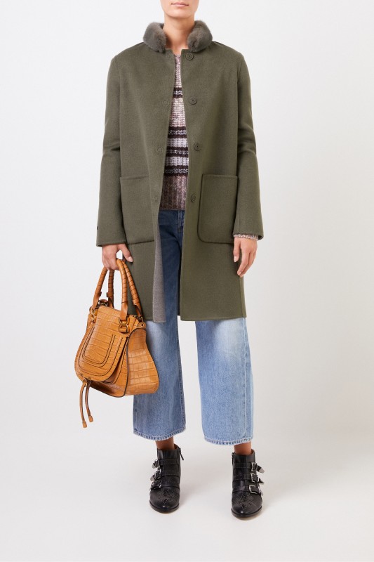 Manzoni 24 Wende-Cashmere-Wollmantel mit Nerzkragen Grün/Grau