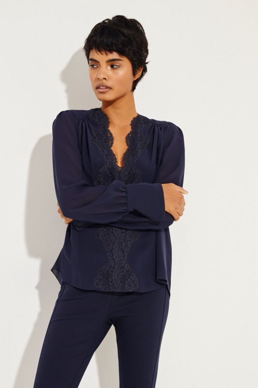 Seiden-Bluse mit Lace-Details Ink Navy
