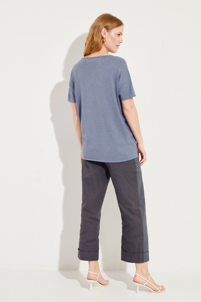 Kurzarm Seiden-Cashmere-Pullover Blau
