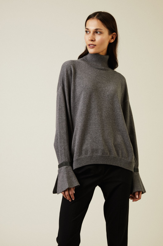 Cashmere-Rollkragenpullover mit Perlendetails Grau