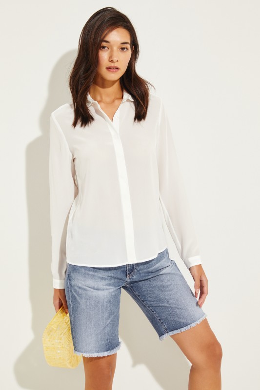 Seiden-Bluse mit abgerundetem Kragen Weiß