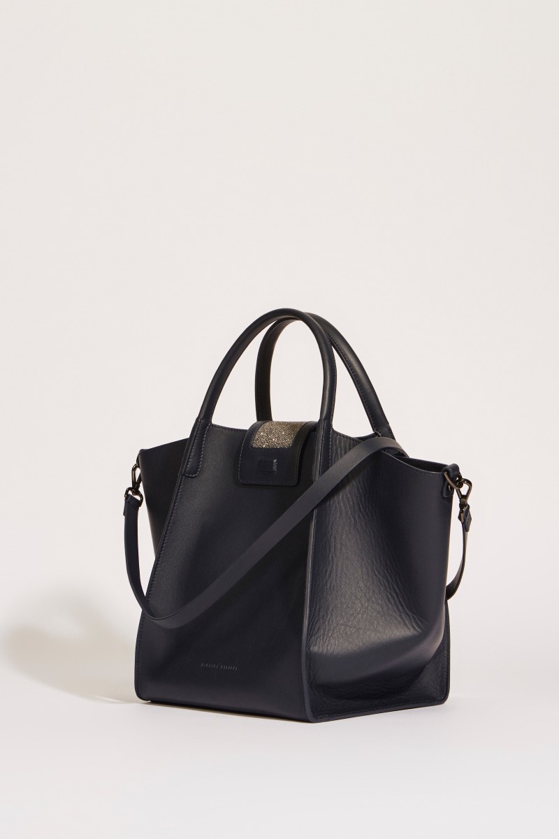 Leder-Tasche 'Viola' mit perlenverzierter Lasche Blau