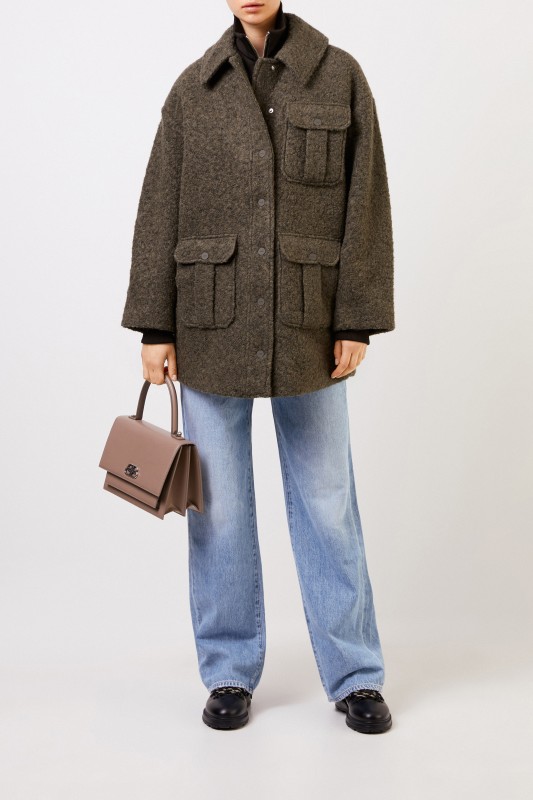 Woll-Mantel aus texturierter Bouclé-Wolle Khaki