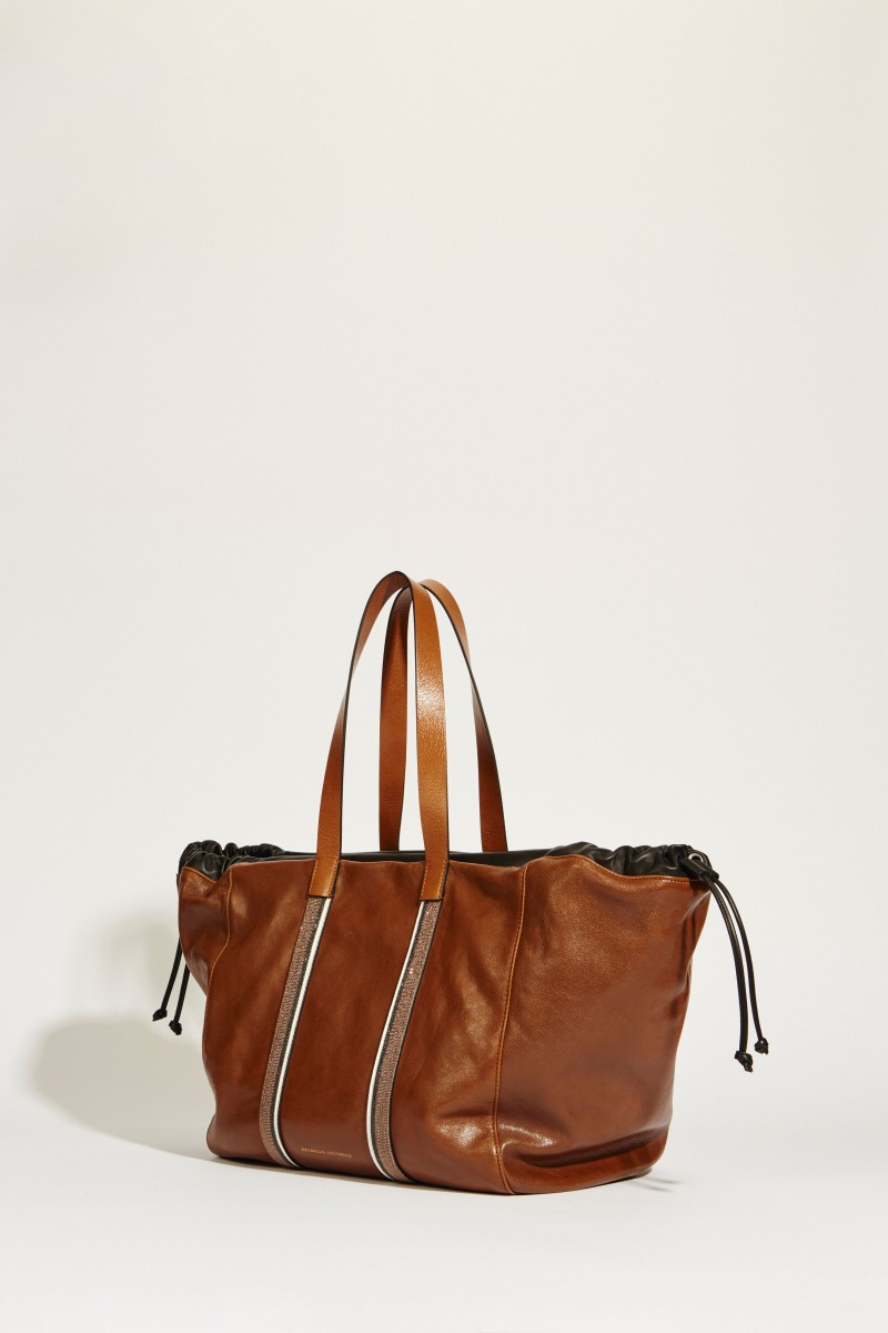 Leder-Shopper mit Perlendetails Braun/Multi