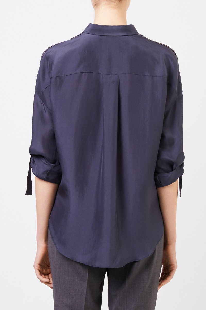 Brunello Cucinelli Seiden-Bluse mit Perlenverzierung Blau