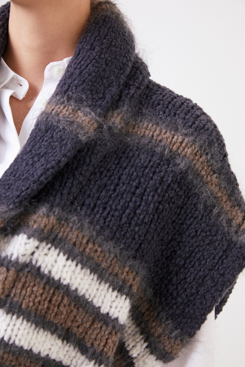 Brunello Cucinelli Kurzarm Woll-Cardigan mit Gürtel Grau/Multi