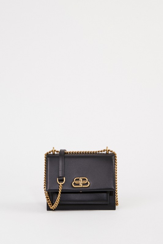 Leder-Tasche mit Kettenriemen Schwarz
