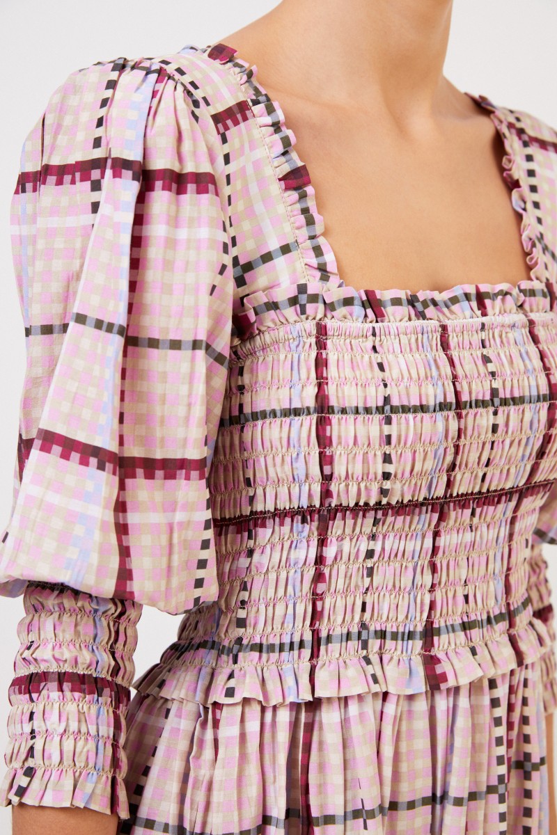 Ganni Langes Baumwoll-Seidenkleid mit Karomuster Multi