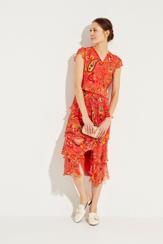 Kurzes Seiden-Kleid mit Rüschen Rot/Multi