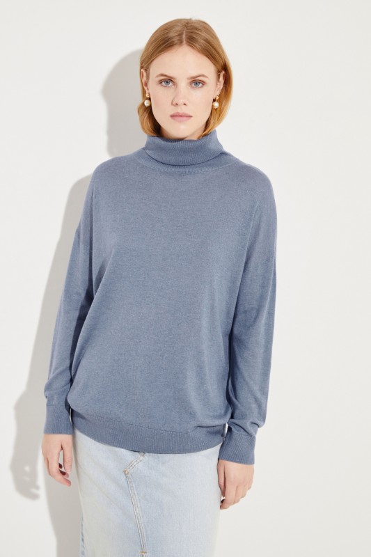 Seiden-Cashmere-Rollkragenpullover Blau